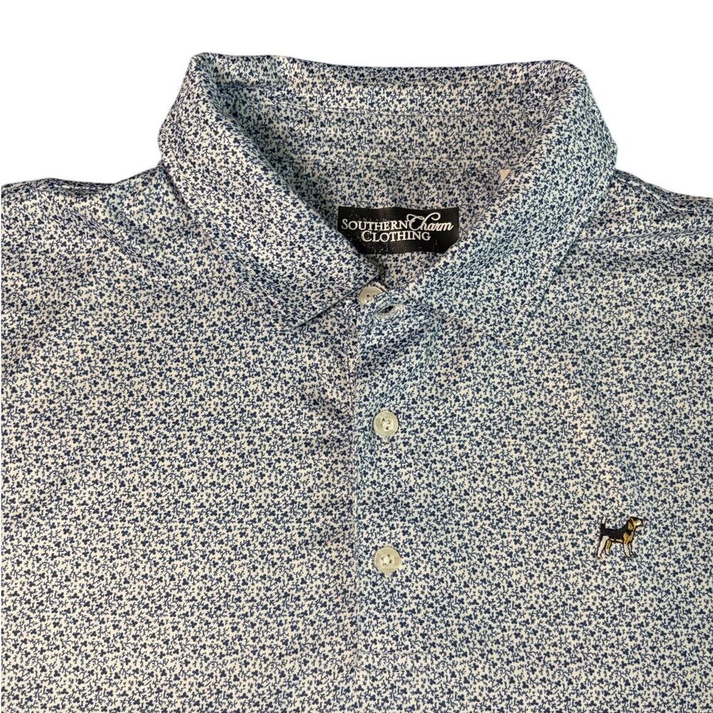 Southern Charm Mens Large Polo Blue Shamrock Clover Floral Golf Performance